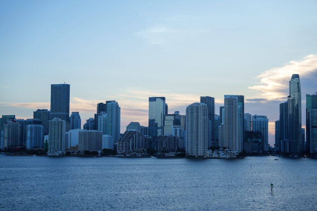 Aerial view of Miami commercial real estate buildings and downtown skyline.