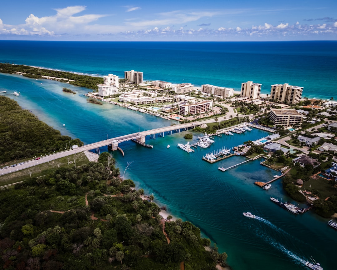 Aerial view of luxury waterfront residential neighborhood in South Florida.
