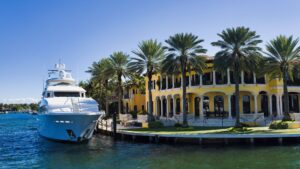 Aerial view of a Fort Lauderdale luxury waterfront estate with private dock and canal access.