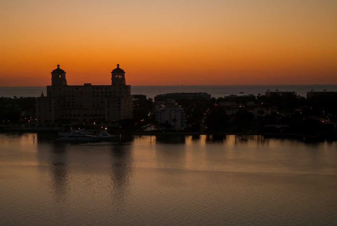 Luxury waterfront condo towers in downtown West Palm Beach at sunset