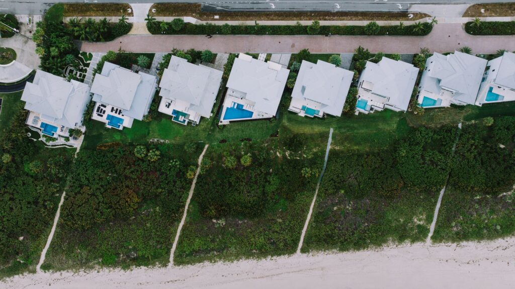 Aerial view of an oceanfront luxury estate on Jupiter Island in Martin County, Florida