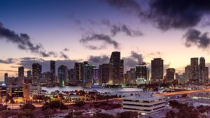 Aerial view of Aventura, Florida luxury condo towers along the Intracoastal Waterway